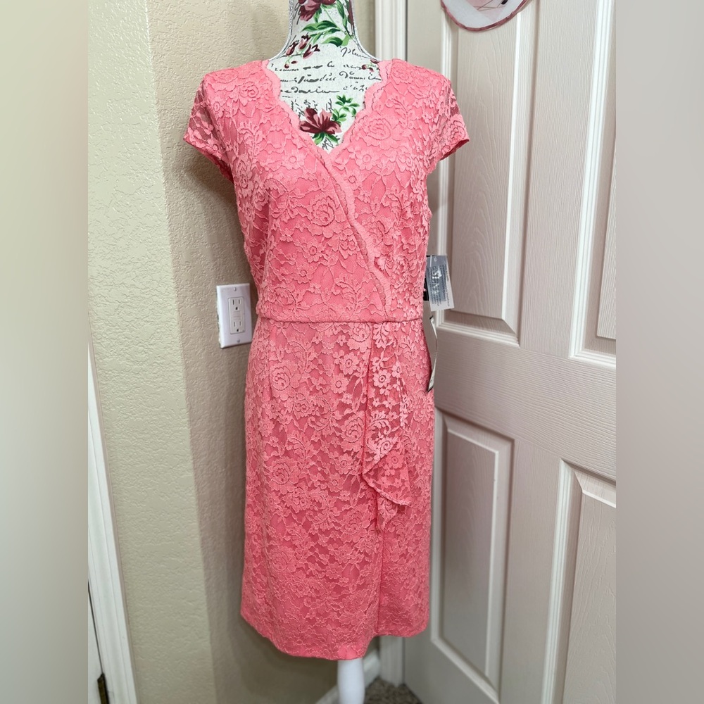 SLNY Coral Lace Midi Dress
